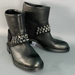 PEDRO GARCIA Size 7 Black Studded Swarovski Crystals Pull On Ankle Biker Boots